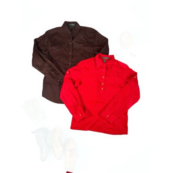LRL Ralph Lauren Lot (2) Blouse Womens XS 100% Linen Button Up Classic Preppy - Picture 1 of 14